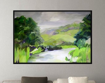 May include: A painting depicting a landscape with a river winding through a valley. The artwork is rendered in muted green and blue tones. The painting is displayed on a wall in a living room setting.