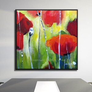 Stampa astratta di arte floreale, arte moderna per ufficio, decorazione colorata del ristorante, arte della hall, arte murale verde e rossa, stampa di poppy Giclee su tela
