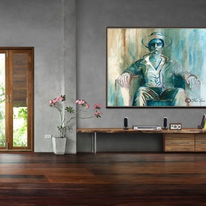 May include: A watercolor painting of a man wearing a hat and sitting in a chair. The painting is in shades of blue and green, with a white background. The man is smoking a cigarette and has a serious expression on his face. The painting is signed "Nina Lane" in the bottom right corner.