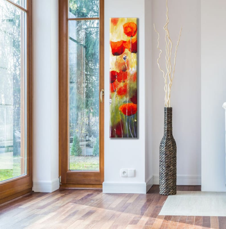 Oil Painting, Narrow Wall Art, Large Vertical Painting, Red Poppy