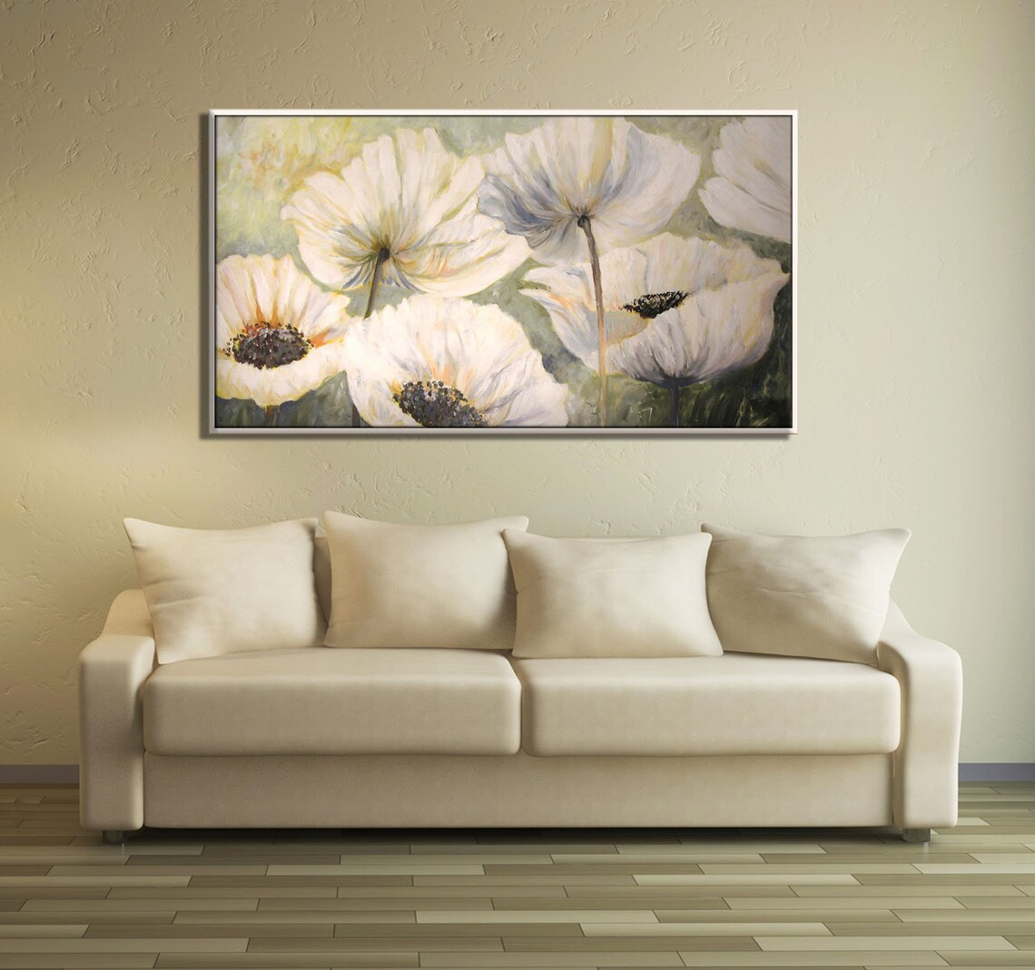 Living Room Art, Large Wall Art, White Flower Art Print, Wall Art for ...