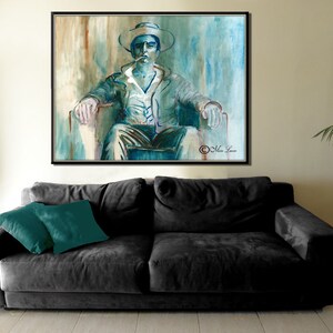 May include: A watercolor painting of a man wearing a hat and sitting in a chair. The painting is done in shades of blue and green, with a brown background. The man is looking off to the side, and he has a cigarette in his mouth. The painting is signed "Marc Lavoine" in the bottom right corner.