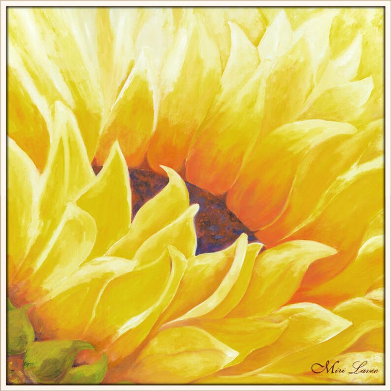 May include: Close-up of a yellow sunflower with petals that are bright yellow and orange. The center of the sunflower is dark brown and purple.
