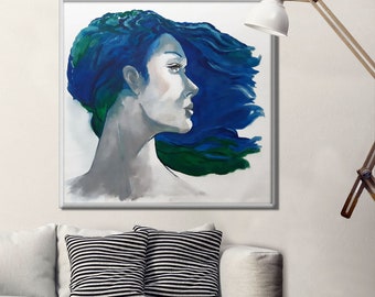 Woman Painting on Canvas, Portrait Painting, Blue Painting for Bedroom, Modern Living Room Decor, Large Original Painting, Figure Wall Art