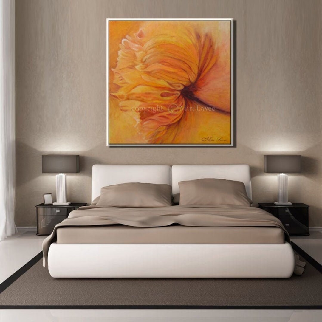 Modern Bedroom Wall Art, Large Flower Art, Soft Orange Art for Bedroom