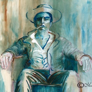 May include: A watercolor painting of a person wearing a hat and a jacket, sitting in a chair with their arms resting on the arms of the chair. The person is looking at the viewer and has a cigarette in their mouth. The painting is done in shades of blue and green.
