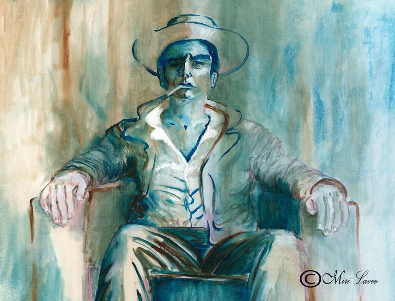 May include: A watercolor painting of a person wearing a hat and a jacket, sitting in a chair with their arms resting on the arms of the chair. The person is looking at the viewer and has a cigarette in their mouth. The painting is done in shades of blue and green.