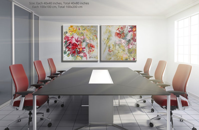 Set of 2 Abstract Painting on Canvas, Oversized Office Paintings Set of 2 Abstract Painting on Canvas, Oversized Office Paintings