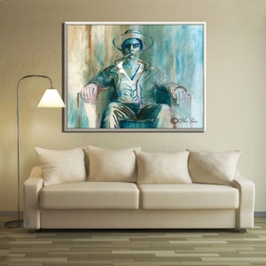 May include: A painting of a man in a blue cowboy hat sitting in a chair. The man is wearing a blue jacket and blue jeans. The background is a blue and brown watercolor wash.