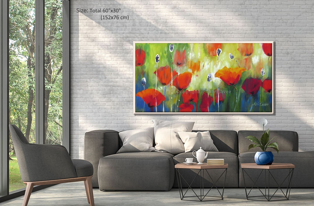 Living Room Painting, Extra Large Painting, Red Poppy Painting, Field ...