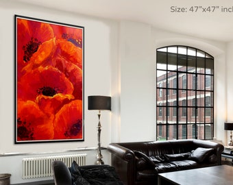 Extra Large Wall Art, Red Flowers Wall Art, Large Canvas Art, Floral Wall Art Print On Canvas, Vertical Living Room Art, Big Nature Art