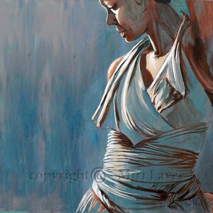 May include: A painting of a woman in a white dress, with her head tilted down. The background is a light blue color.