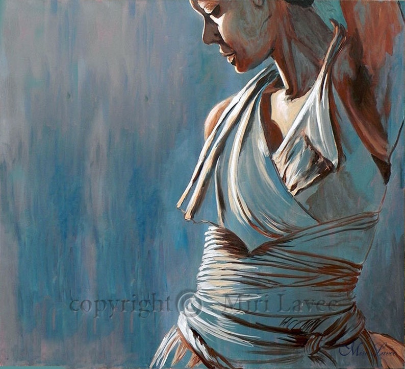 May include: A painting of a woman in a white dress, with her head tilted down. The background is a light blue color.