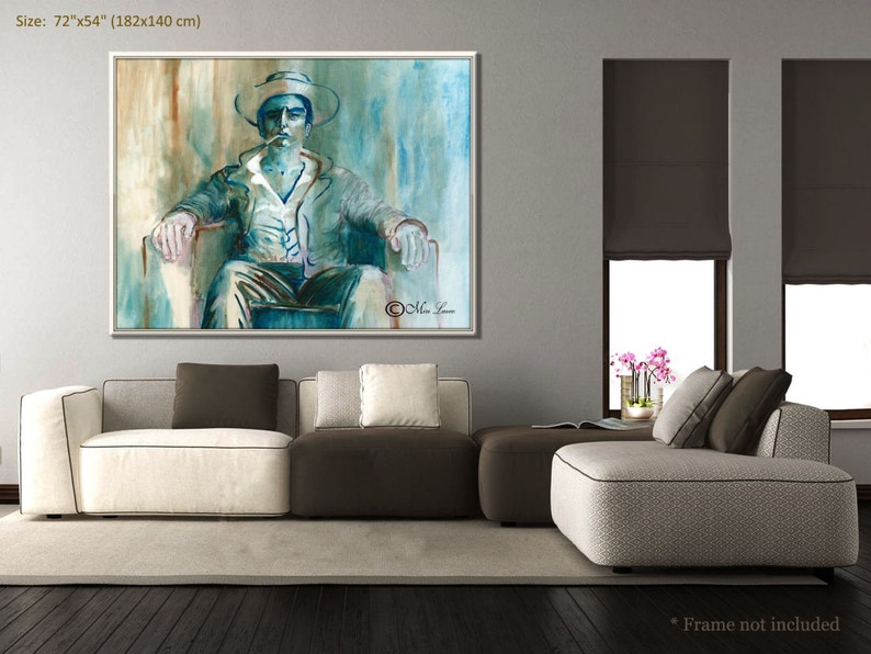May include: A watercolor painting of a man wearing a hat and sitting in a chair. The painting is in shades of blue and green, with a brown background. The painting is 72 inches by 54 inches (182 cm by 140 cm).