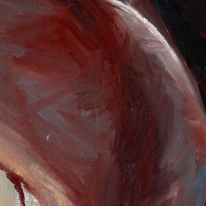 K&ouml;nnte beinhalten: Nahaufnahme eines Gem&auml;ldes, das den R&uuml;cken und die Schulter einer Person zeigt, in Braun-, Rot- und Wei&szlig;t&ouml;nen gemalt.