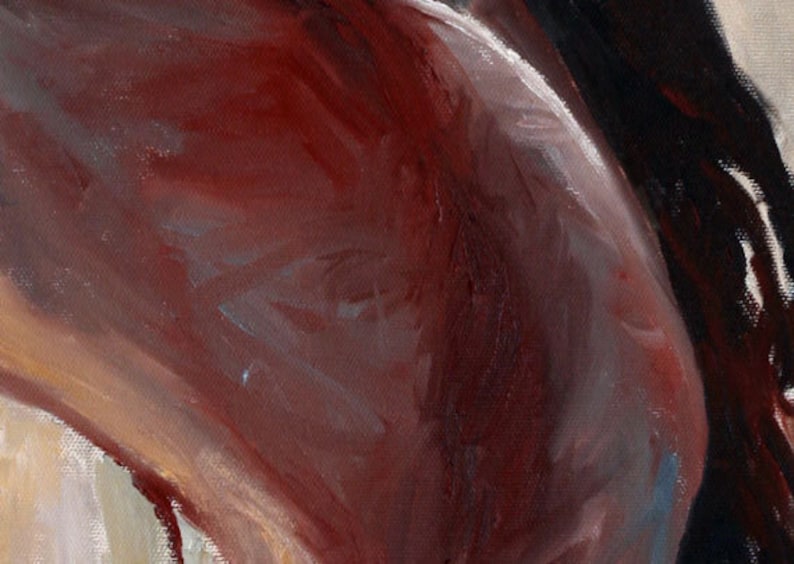 K&ouml;nnte beinhalten: Nahaufnahme eines Gem&auml;ldes, das den R&uuml;cken und die Schulter einer Person zeigt, in Braun-, Rot- und Wei&szlig;t&ouml;nen gemalt.