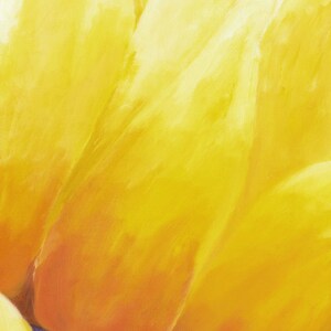 May include: Close-up of a yellow flower petal with soft, brushstroke texture. The petal is a vibrant yellow with hints of orange at the base.