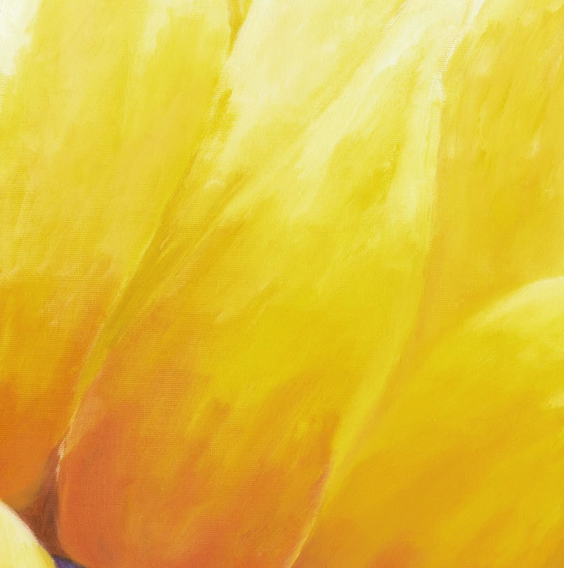May include: Close-up of a yellow flower petal with soft, brushstroke texture. The petal is a vibrant yellow with hints of orange at the base.