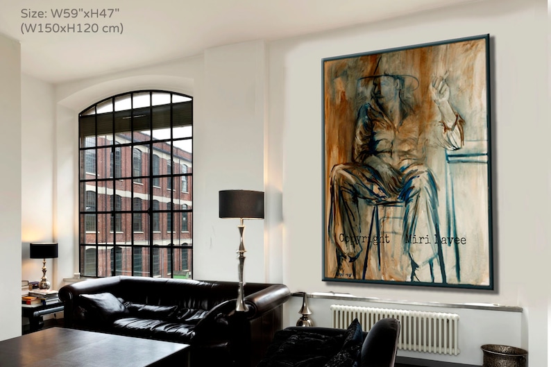 May include: Abstract painting of a person sitting on a chair, holding a cigarette. The painting is done in shades of brown, blue, and white. The text "Copyright Miri lavee" is visible in the bottom right corner of the painting.
