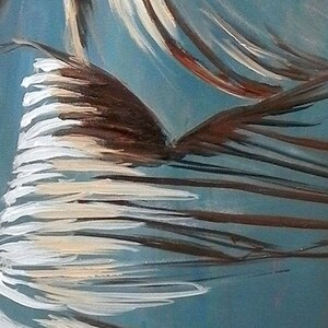 May include: Abstract painting with white and brown brushstrokes on a blue background.