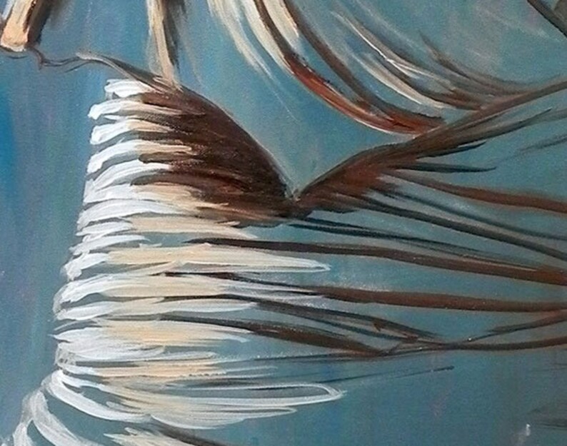 May include: Abstract painting with white and brown brushstrokes on a blue background.