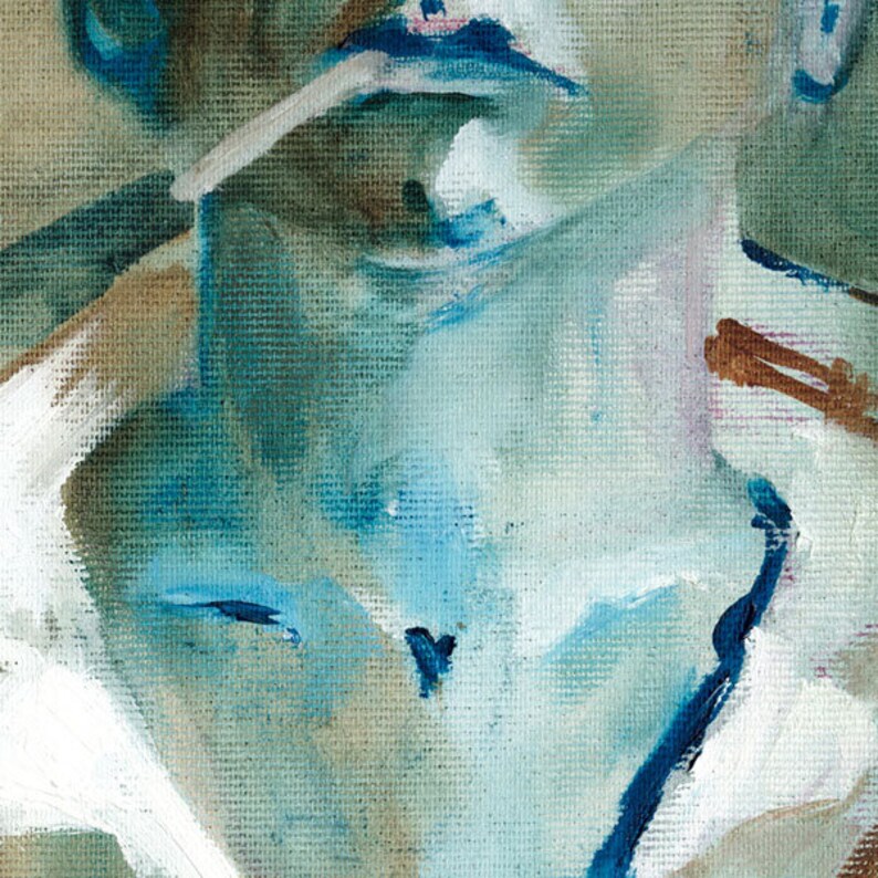 May include: Abstract painting with a textured background in shades of blue, green, and white. The painting features a series of brushstrokes and lines that create a sense of movement and depth.