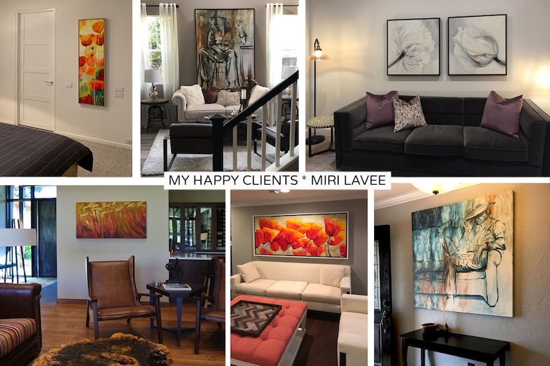 K&ouml;nnte beinhalten: Eine Collage aus Bildern, die Kunstwerke in verschiedenen Wohneinrichtungen zeigen. Die Kunstwerke zeigen abstrakte und florale Designs in leuchtenden Farben, darunter Rot, Orange, Gelb, Blau und Wei&szlig;. Der Text "MY HAPPY CLIENTS * MIRI LAVE" ist in der Mitte der Collage dargestellt.