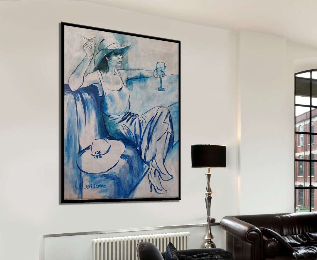 Large Woman Oil Painting on Canvas, Blue Living Room Wall Art, Original ...