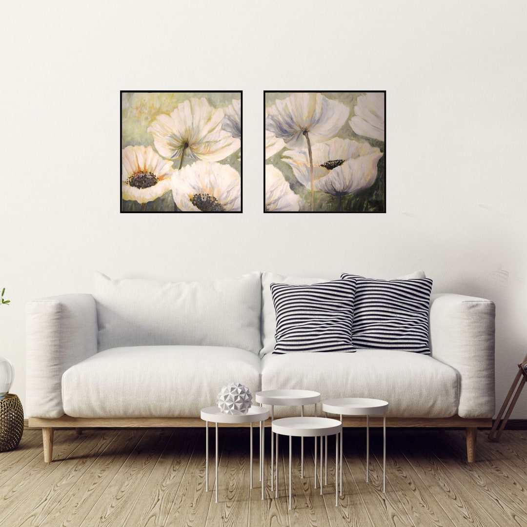 White Living Room Wall Decor, White Flower Wall Art Set of 2 Prints ...