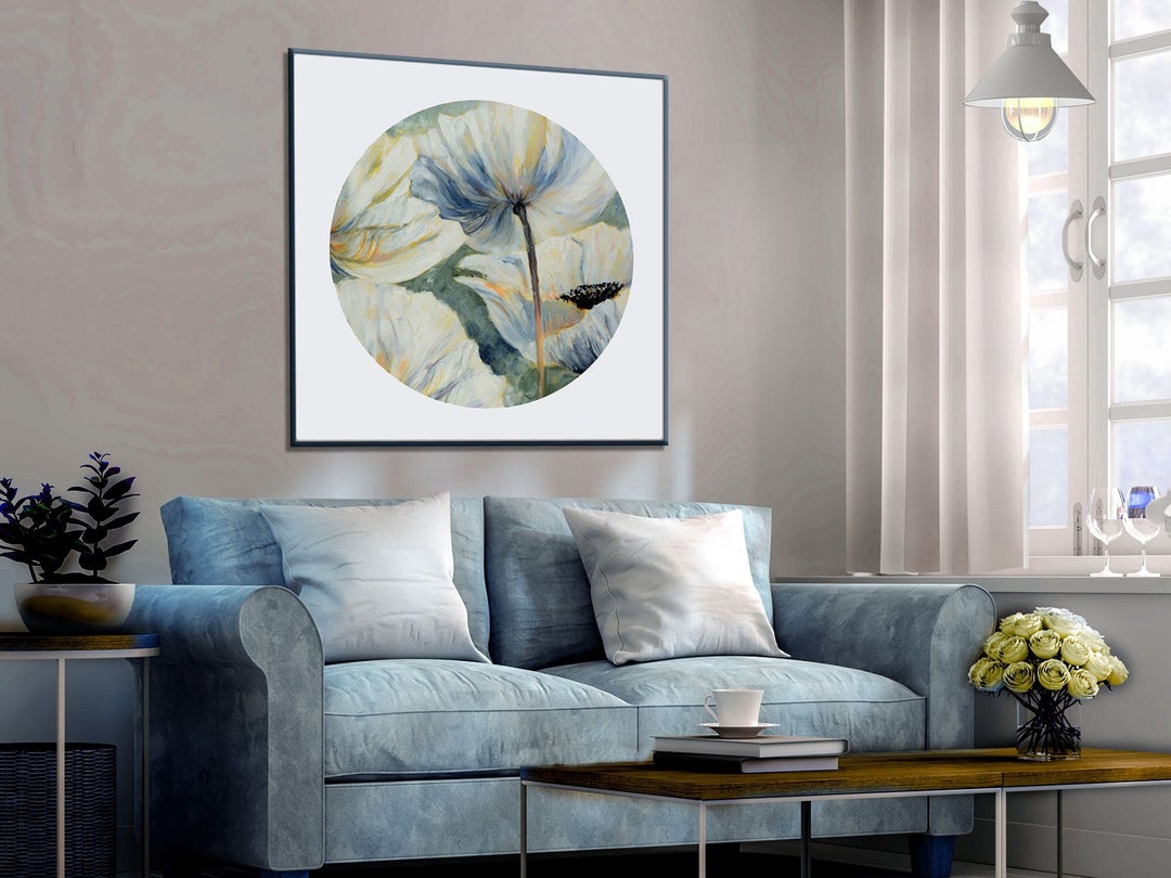 White Living Room Wall Art, Large Wall Art Canvas Print, Modern Flower ...