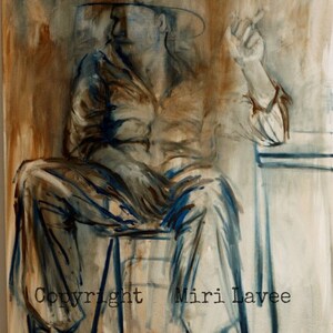 May include: A painting of a person wearing a hat and sitting on a stool. The person is wearing a brown shirt and blue pants. The painting is done in a loose, gestural style with a lot of brushstrokes. The background is a light brown color.
