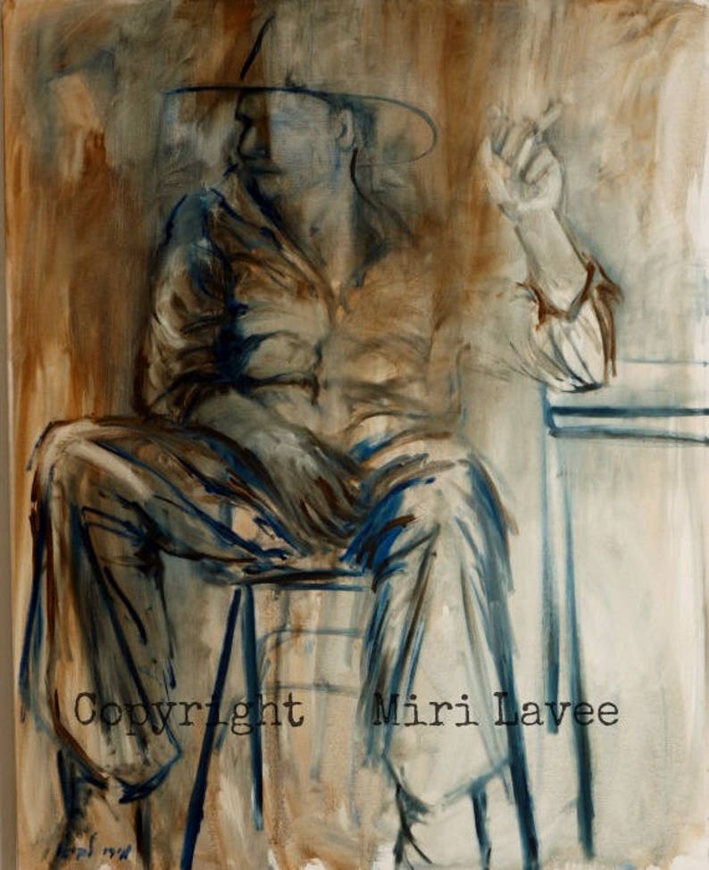May include: A painting of a person wearing a hat and sitting on a stool. The person is wearing a brown shirt and blue pants. The painting is done in a loose, gestural style with a lot of brushstrokes. The background is a light brown color.