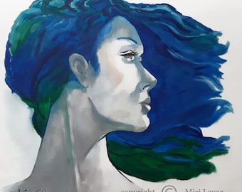Woman Portrait, Woman Figure Canvas Art, Large Blue Figurative Living Room Wall Art, Woman Painting Print