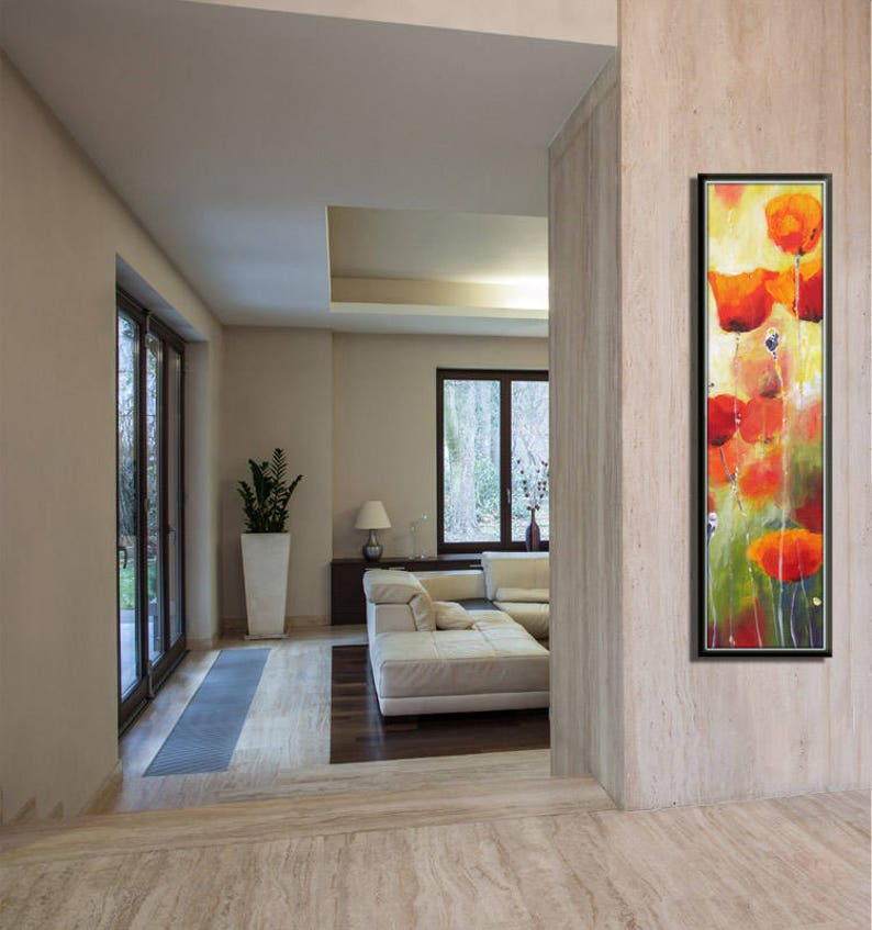 Vertical Wall Art, Red Poppies Wall Art, Large Tall Living Room Art