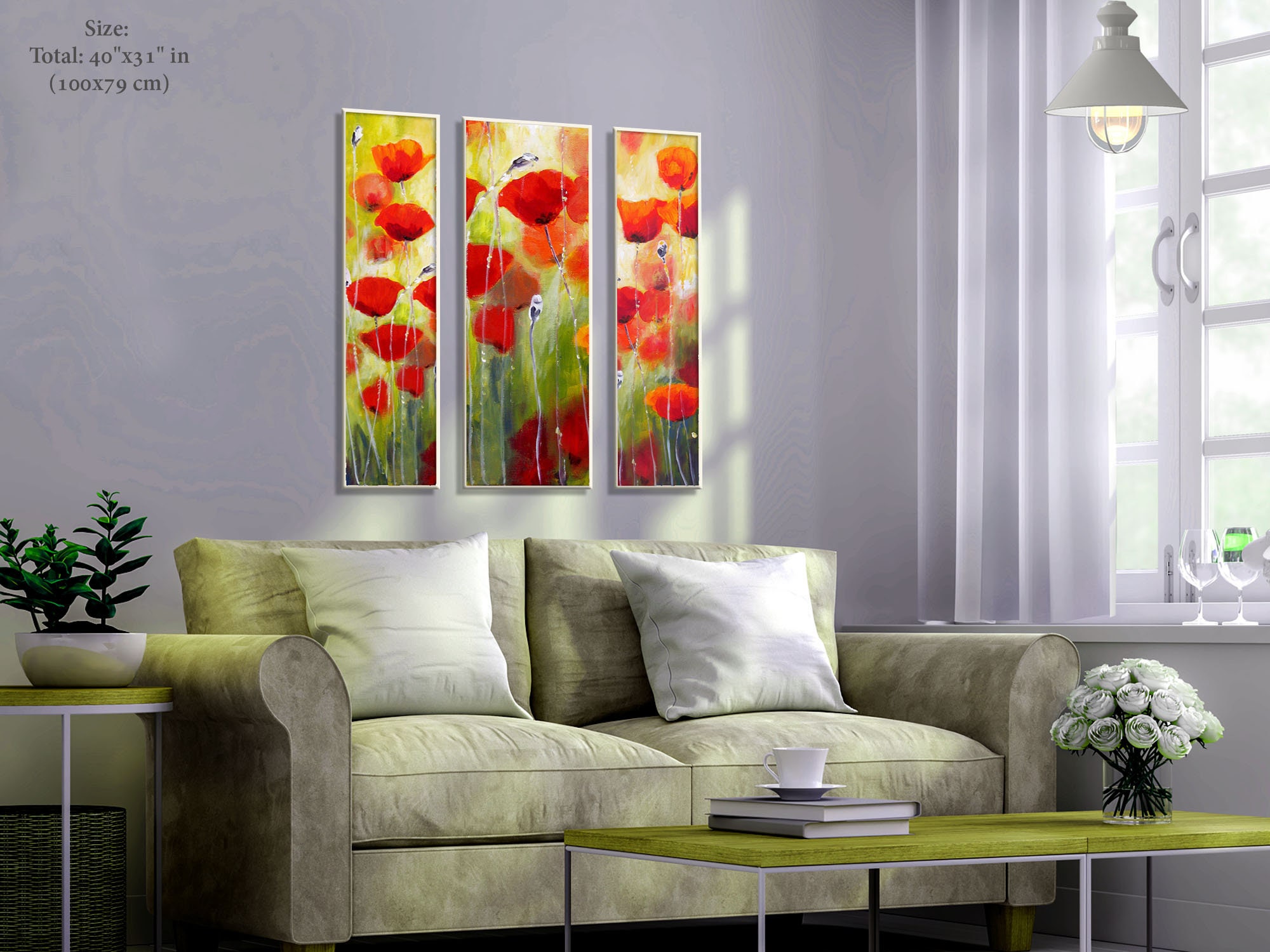 Set of 3 Prints, 3 Piece Wall Art, Living Room Wall Art, Red Flowers ...