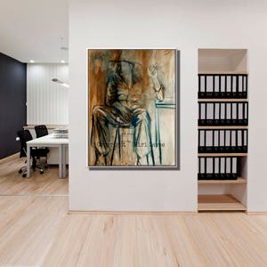 May include: Abstract painting of a person sitting on a chair, wearing a hat and holding a cigarette. The painting is done in shades of brown, blue, and white. The artist's signature, "Miri Lavee", is visible in the bottom right corner.