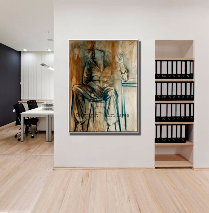 May include: Abstract painting of a person sitting on a chair, wearing a hat and holding a cigarette. The painting is done in shades of brown, blue, and white. The artist's signature, "Miri Lavee", is visible in the bottom right corner.