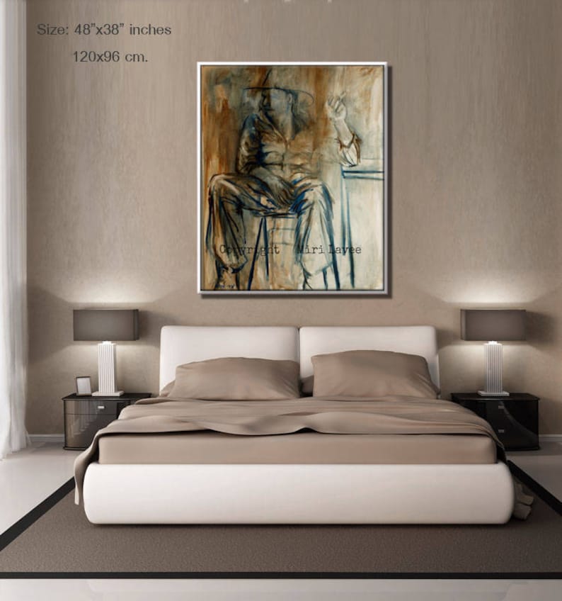 May include: Abstract painting of a person sitting on a stool with a brown, blue, and white color scheme. The painting is framed and measures 48 inches by 38 inches, or 120 cm by 96 cm. The painting is signed "Copyright Miri Lavee".