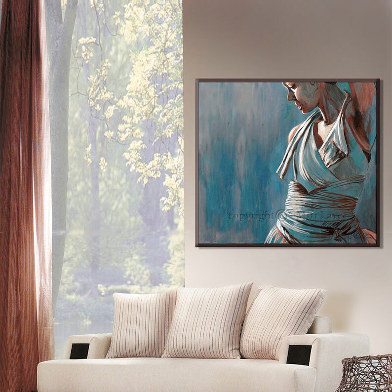 May include: A painting of a woman in a white dress with a blue background. The woman is standing with her back to the viewer and her head turned to the side. The painting is framed in a dark wood frame.