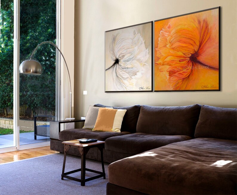 Flower Wall Art Set of 2 Print, Orange & White Living Room Art, Large ...