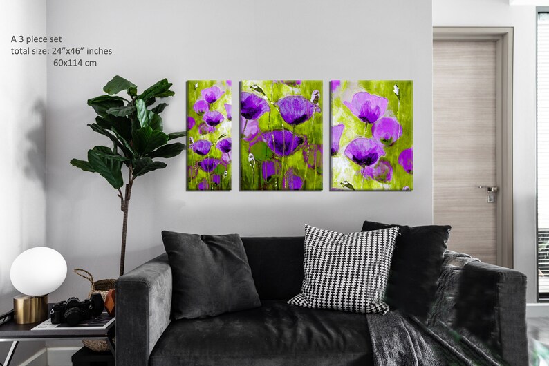 Set of 3 Wall Art, Purple Living Room Art, Flower Art Set of 3, Set of ...