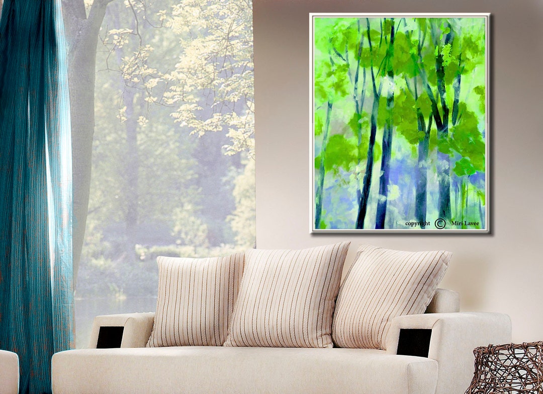 Trees Painting on Canvas, Green and Blue Forest Wall Art for Living ...