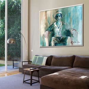 May include: A painting of a man wearing a hat and sitting in a chair. The painting is in shades of blue and green and has a textured background. The man is looking to the side and has a serious expression on his face. The painting is framed in a silver frame.