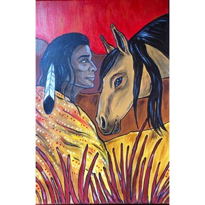 May include: A painting of a Native American man with a feathered headdress and a horse. The man is wearing a yellow and brown patterned shirt. The horse is brown with a black mane and tail. The background is red.