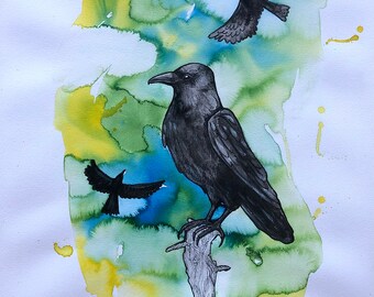 Raven crow black bird drawing painting artwork illustration home decor wall art ink Tusch colorful