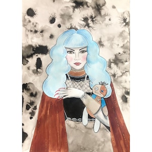 Woman painting girl portrait voodoo doll dark mysterious wall art gothic decor gift for gothic girl ink drawing halloween gift original art