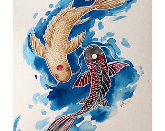 鯉のアート。水墨画。鯉の絵。日本の鯉。海の生き物のアート