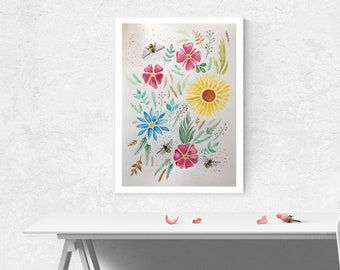 Bee drawing flower sunflower illustration gift for mom girlfriend bumblebee sunflower boho floral home decor mothers day valentine birthday