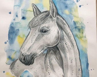 Horse equine art drawing painting pet portrait watercolor illustration wall art gift idea customized order home decor personal