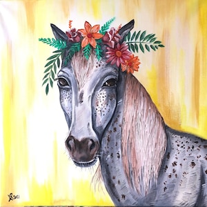 Pferd Gemälde pferde Kunst Geschenk für Pferd Reiter Rancher Farmer buntes Pferd Zeichnung Kinderzimmer Kinderzimmer Dekor Kunstdruck Pferd mit Blume
